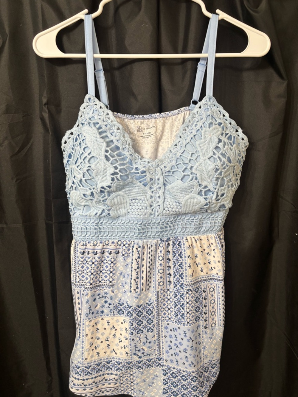 No Boundaries Light Blue Patchwork Sundress with Crochet Trim